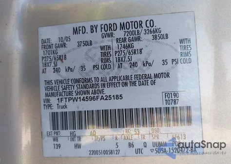 2006 Ford F-150 Fx4/Lariat/Xlt from USA, damaged, VIN 1FTPW14596FA25185
